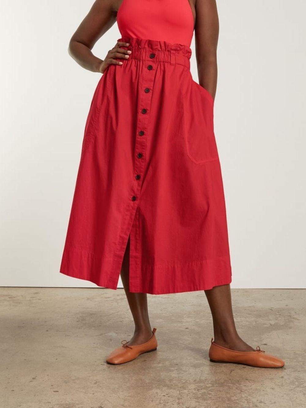 EVERLANE 100% Cotton The Easy Red Button-Front Paperbag Waist Midi Skirt Size M